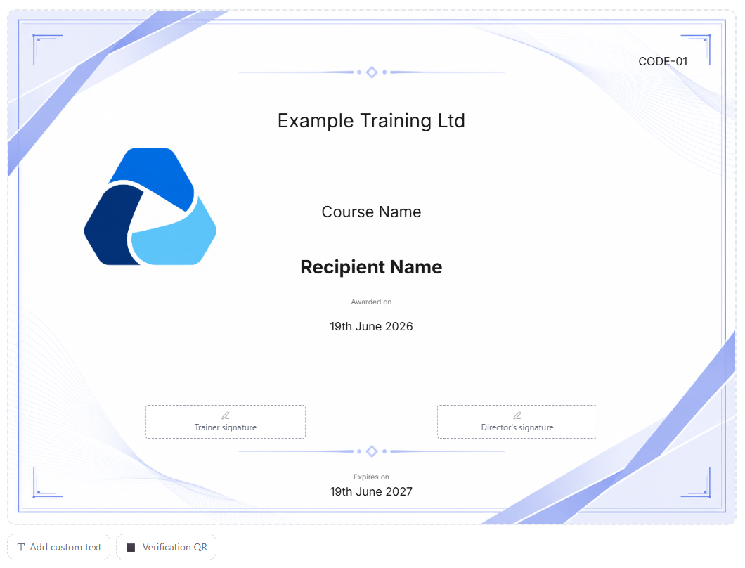 CertSlate certificate designer showing a customisable certificate template