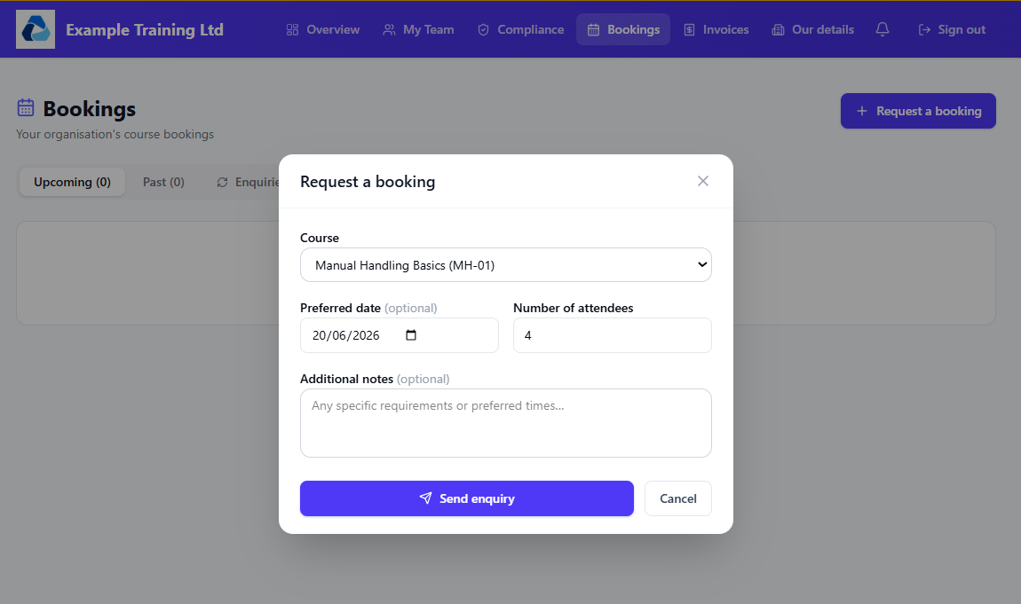 CertSlate client self-service portal showing booking request form
