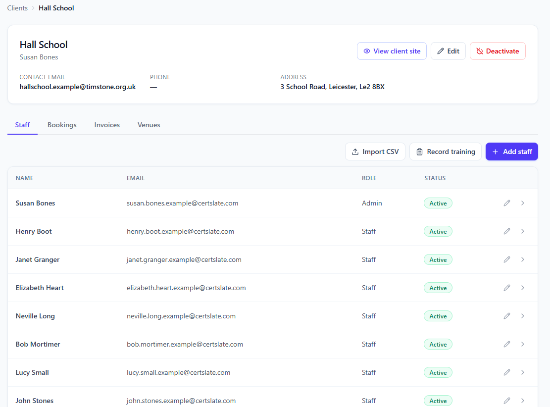 CertSlate client staff list showing staff members and their training status