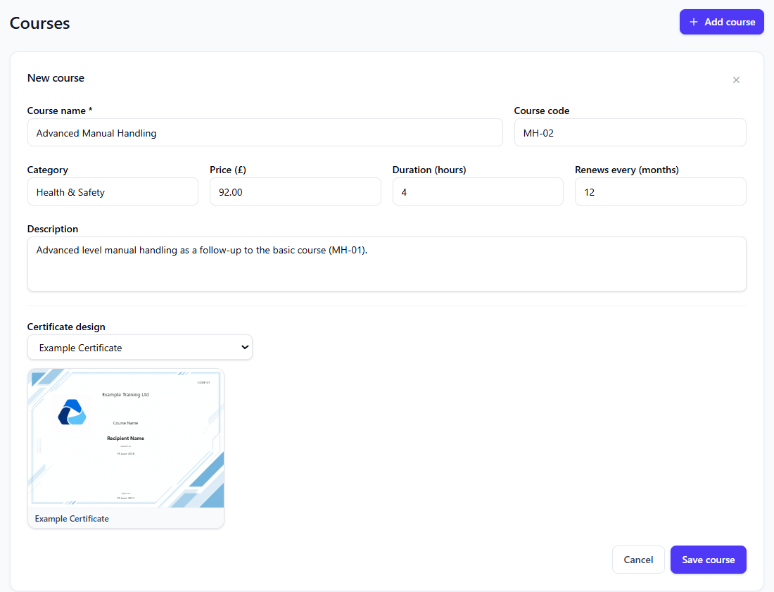 CertSlate course creation form with certificate design preview
