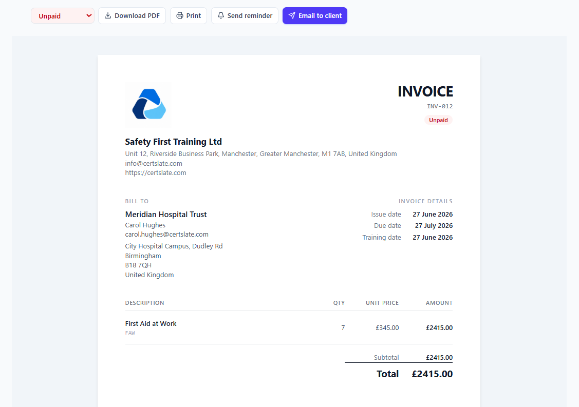 CertSlate invoice view showing a generated invoice ready to send