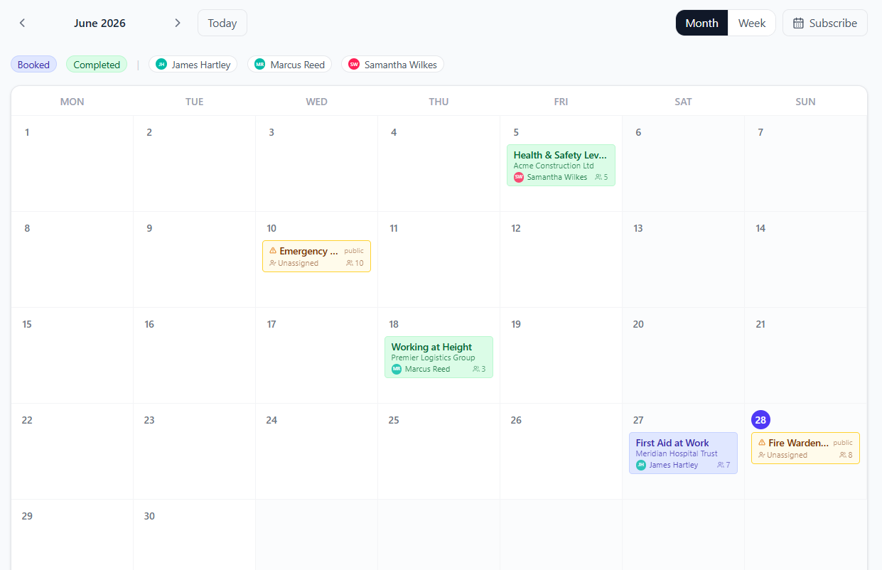CertSlate training schedule showing upcoming sessions and trainer assignments